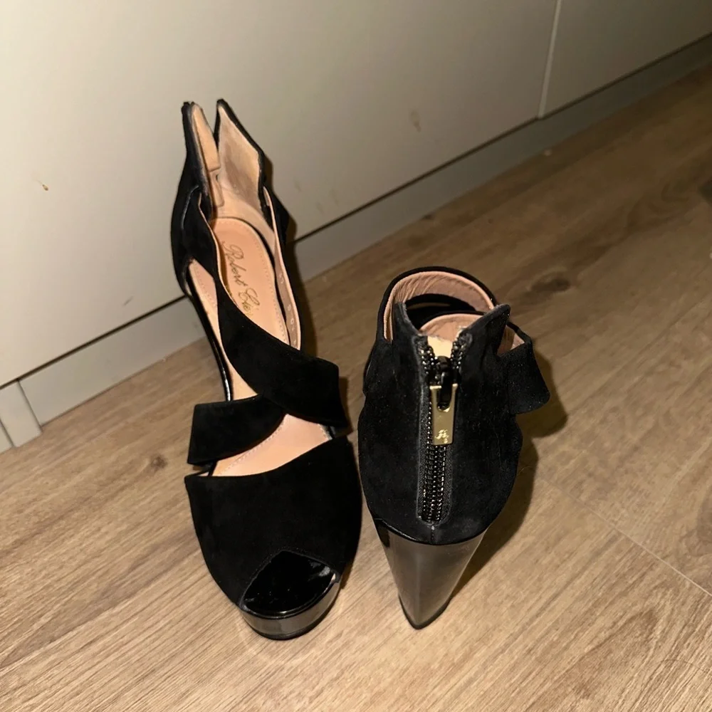 Robert Clergerie Black Suede Peep Toe Wedges Size 37
